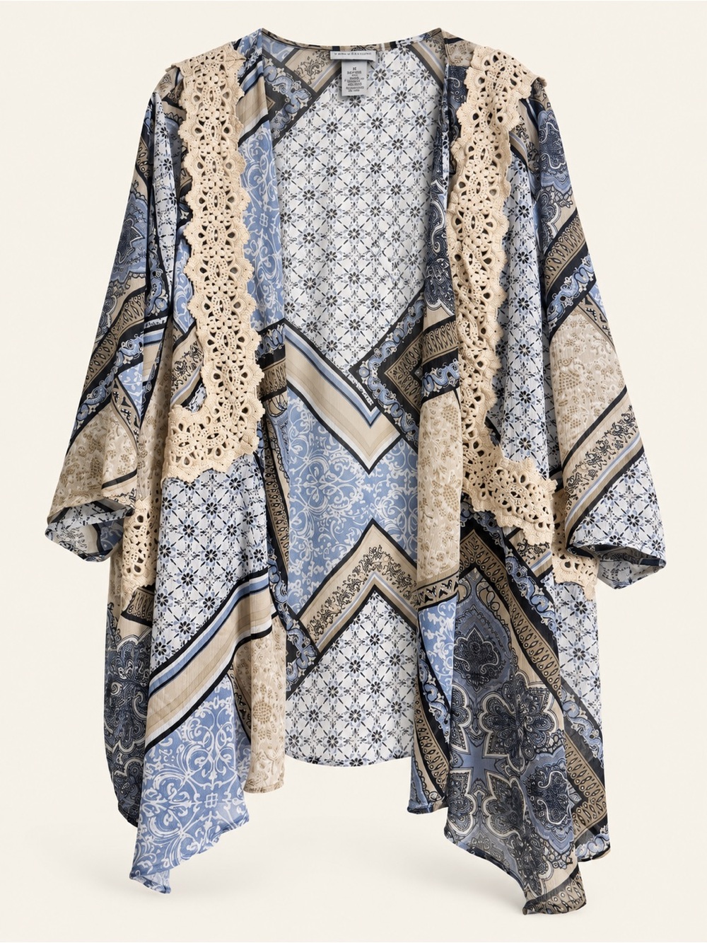 Catherines Blue Paisley Crochet Trim Kimono Cardigan Plus Size 3X